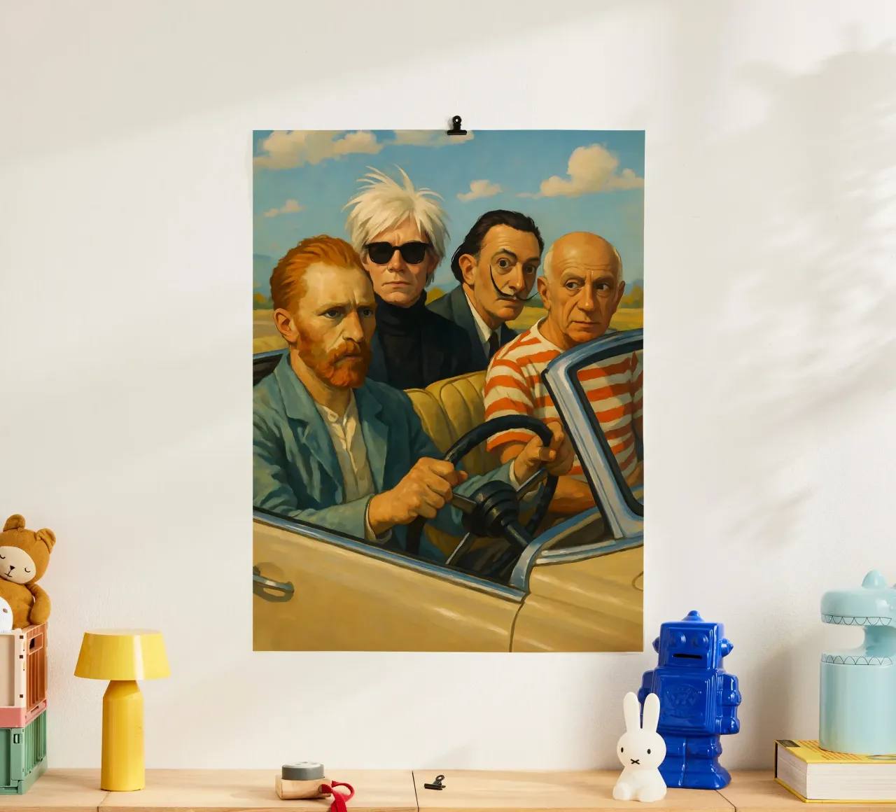 VINCENT VAN GOGH ANDY WARHOL SALVADOR DALI PICASSO IN AUTO poster con telaio in alluminio da ARTOMATIC
