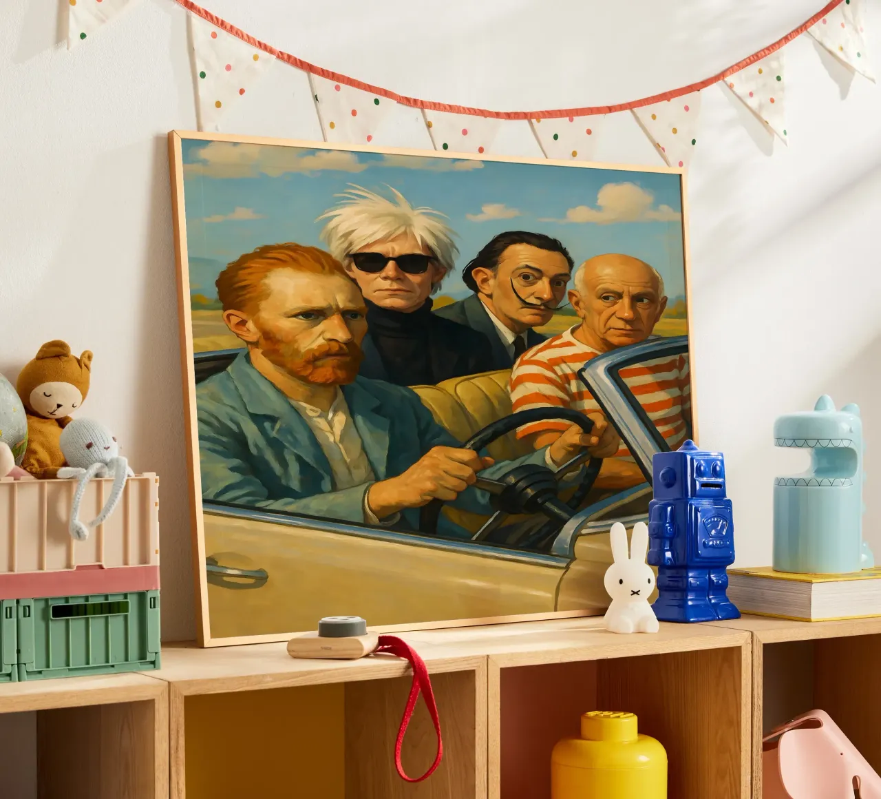 VINCENT VAN GOGH ANDY WARHOL SALVADOR DALI PICASSO IN AUTO poster con telaio in alluminio da ARTOMATIC