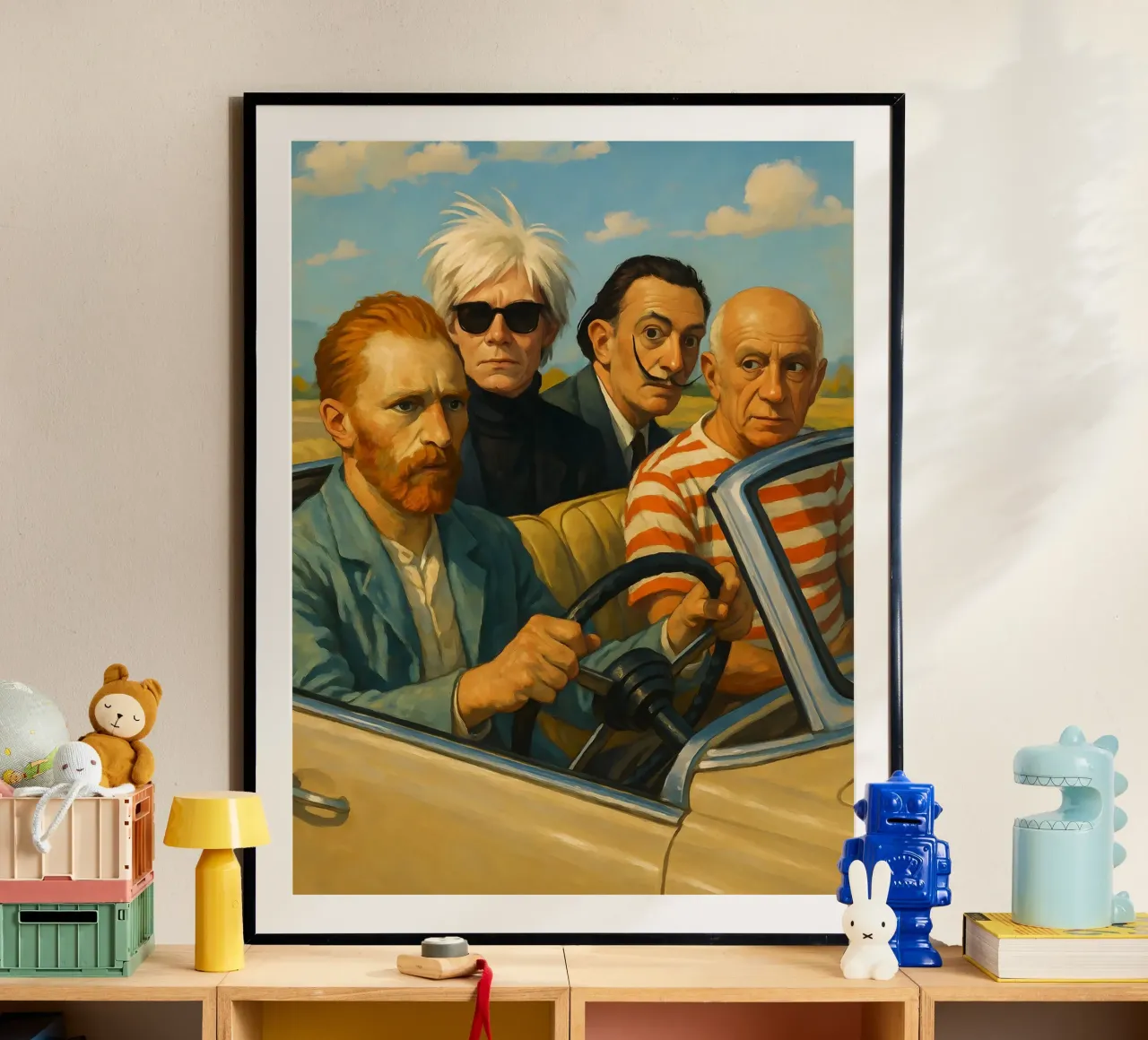 VINCENT VAN GOGH ANDY WARHOL SALVADOR DALI PICASSO IN AUTO poster con telaio in alluminio da ARTOMATIC