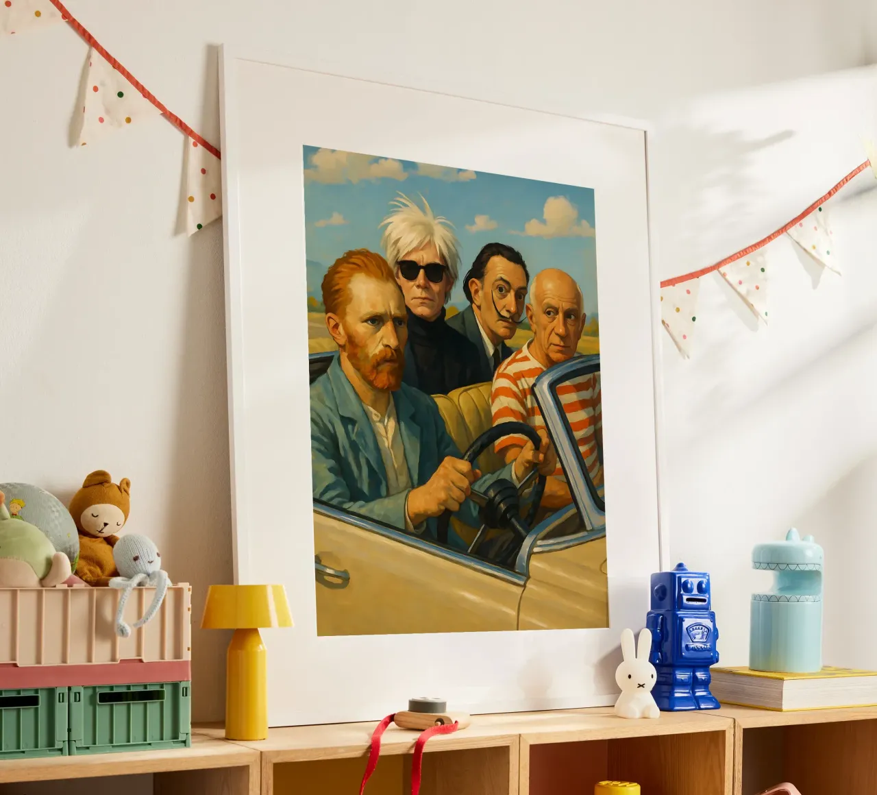 VINCENT VAN GOGH ANDY WARHOL SALVADOR DALI PICASSO IN AUTO poster con telaio in alluminio da ARTOMATIC