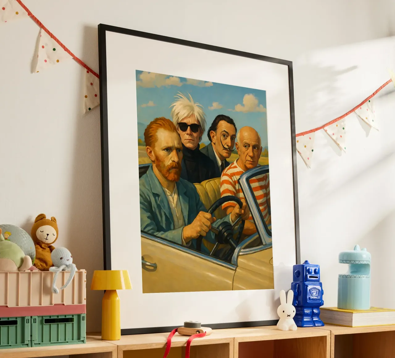 VINCENT VAN GOGH ANDY WARHOL SALVADOR DALI PICASSO IN AUTO poster con telaio in alluminio da ARTOMATIC