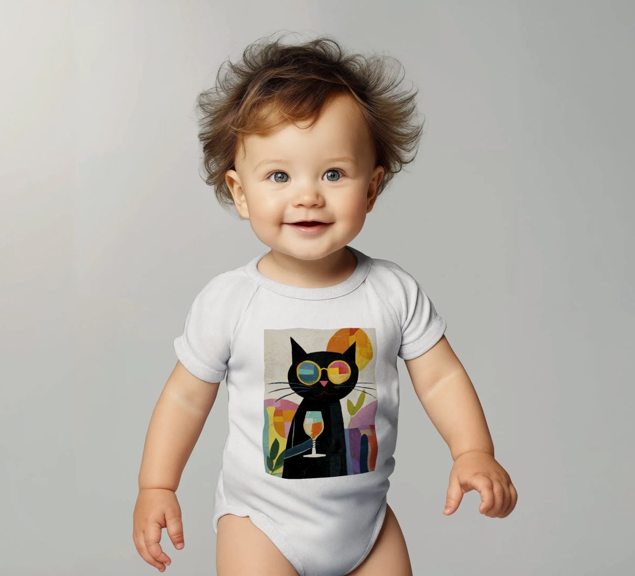 Matisse Black Cat with Sunglasses and Wine in Retro Style short-sleeve baby romper by Modern Muse