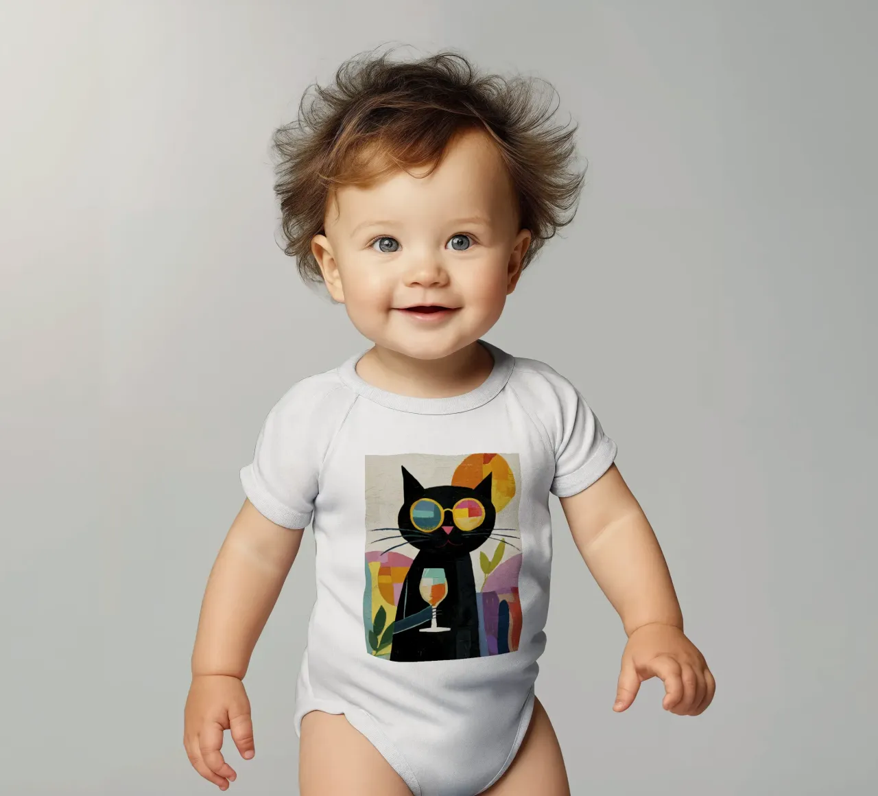 Gatto nero Matisse con occhiali da sole e vino in stile retrò body neonato maniche corte da Modern Muse