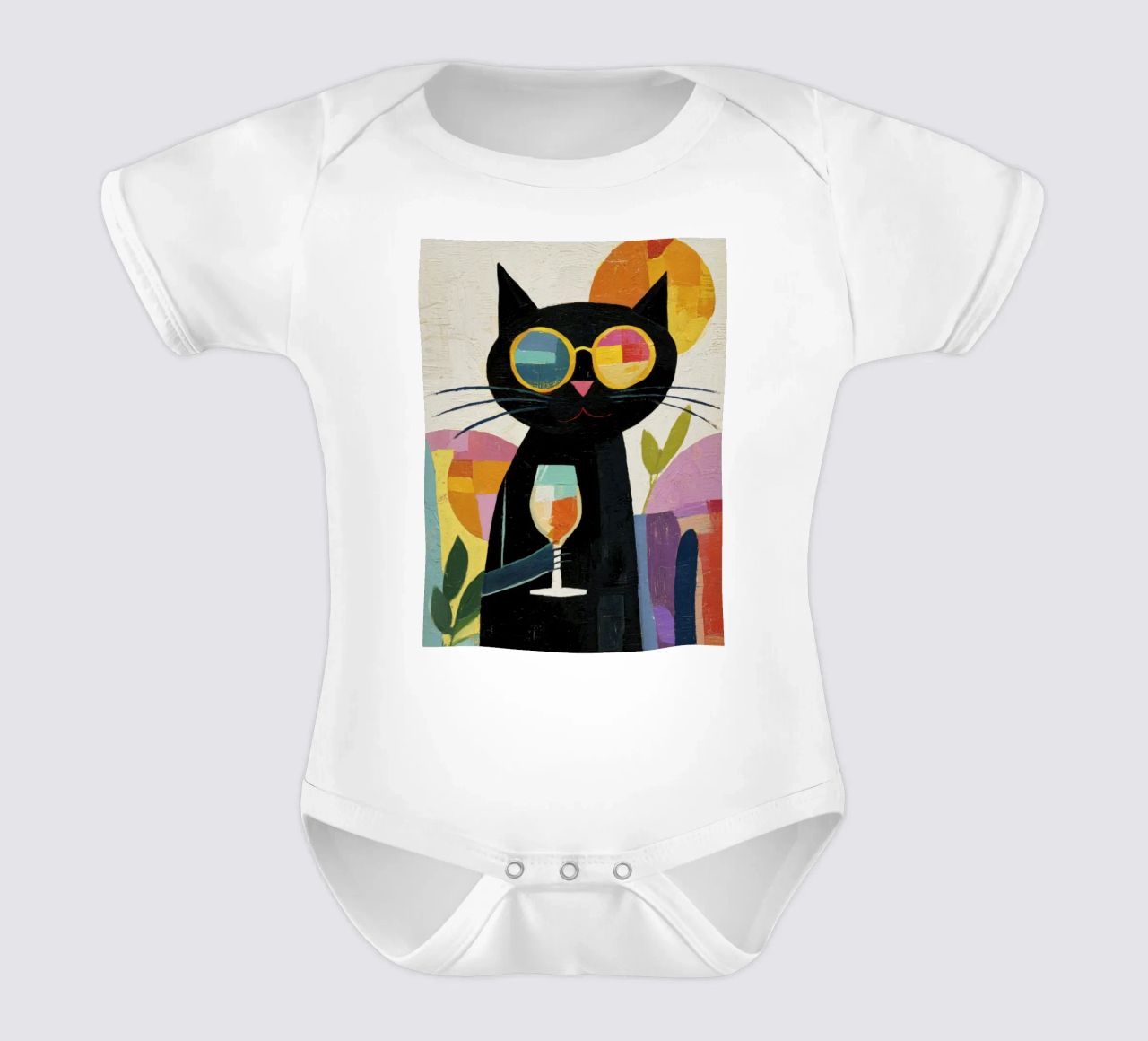 Matisse Black Cat with Sunglasses and Wine in Retro Style short-sleeve baby romper by Modern Muse