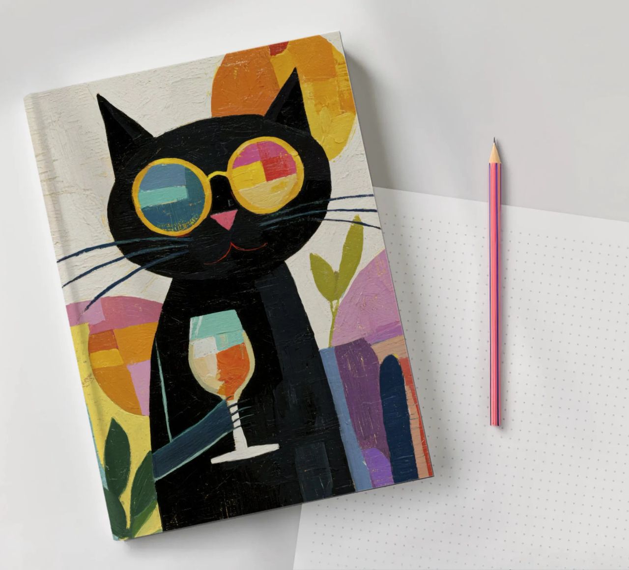 Matisse Black Cat with Sunglasses and Wine in Retro Style notebook by Modern Muse