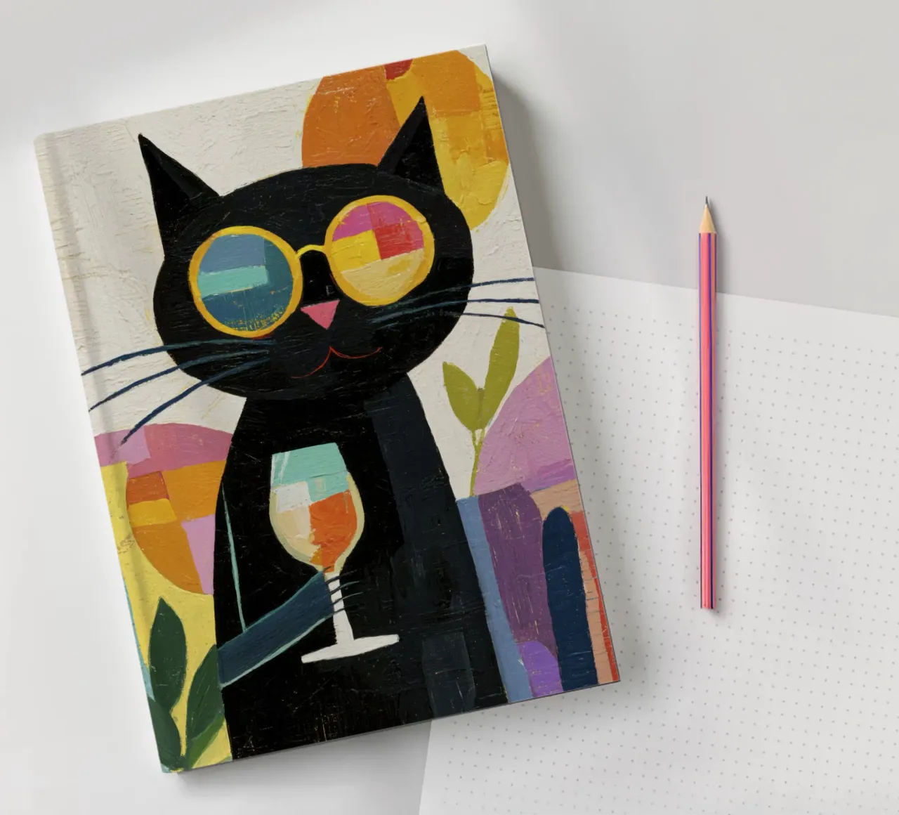 Matisse Schwarze Katze mit Sonnenbrille und Wein im Retro-Stil Notizbuch von Modern Muse