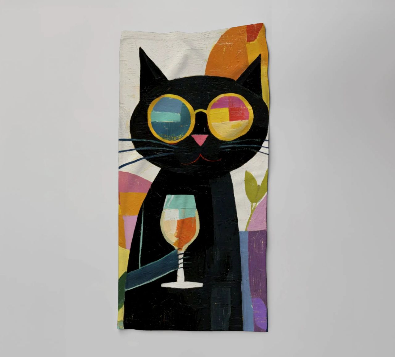 Matisse Black Cat with Sunglasses and Wine in Retro Style towel by Modern Muse