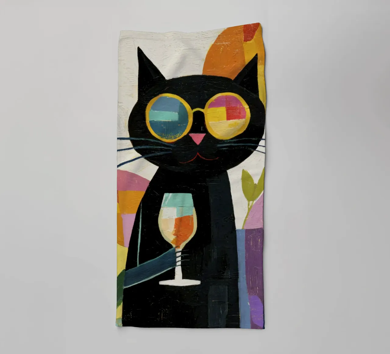 Gatto nero Matisse con occhiali da sole e vino in stile retrò asciugamano da bagno da Modern Muse
