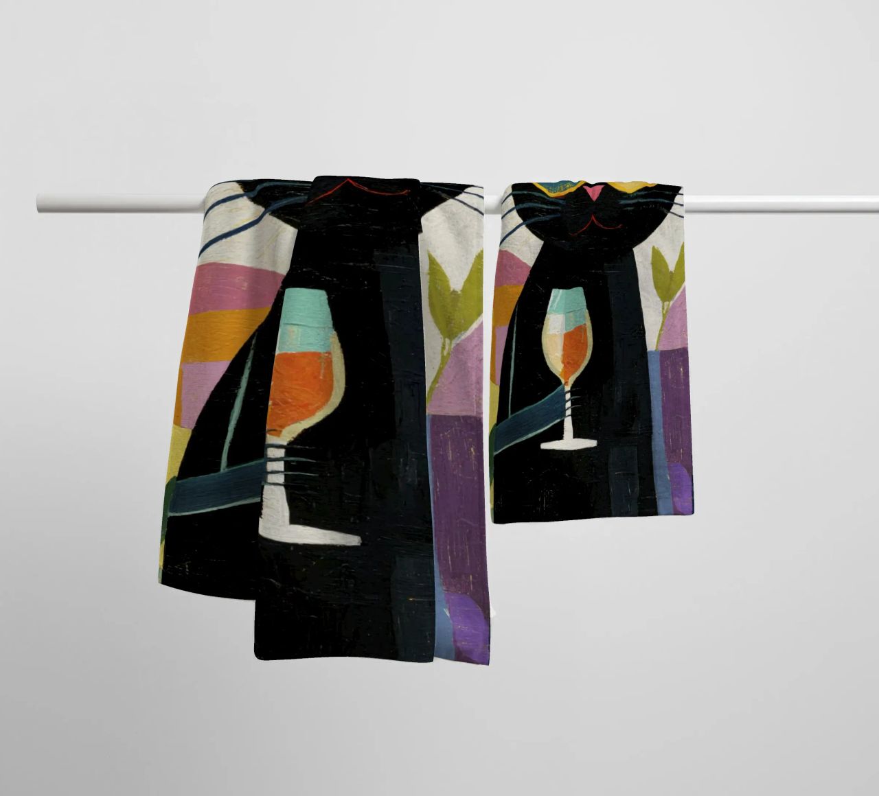 Matisse Black Cat with Sunglasses and Wine in Retro Style towel by Modern Muse