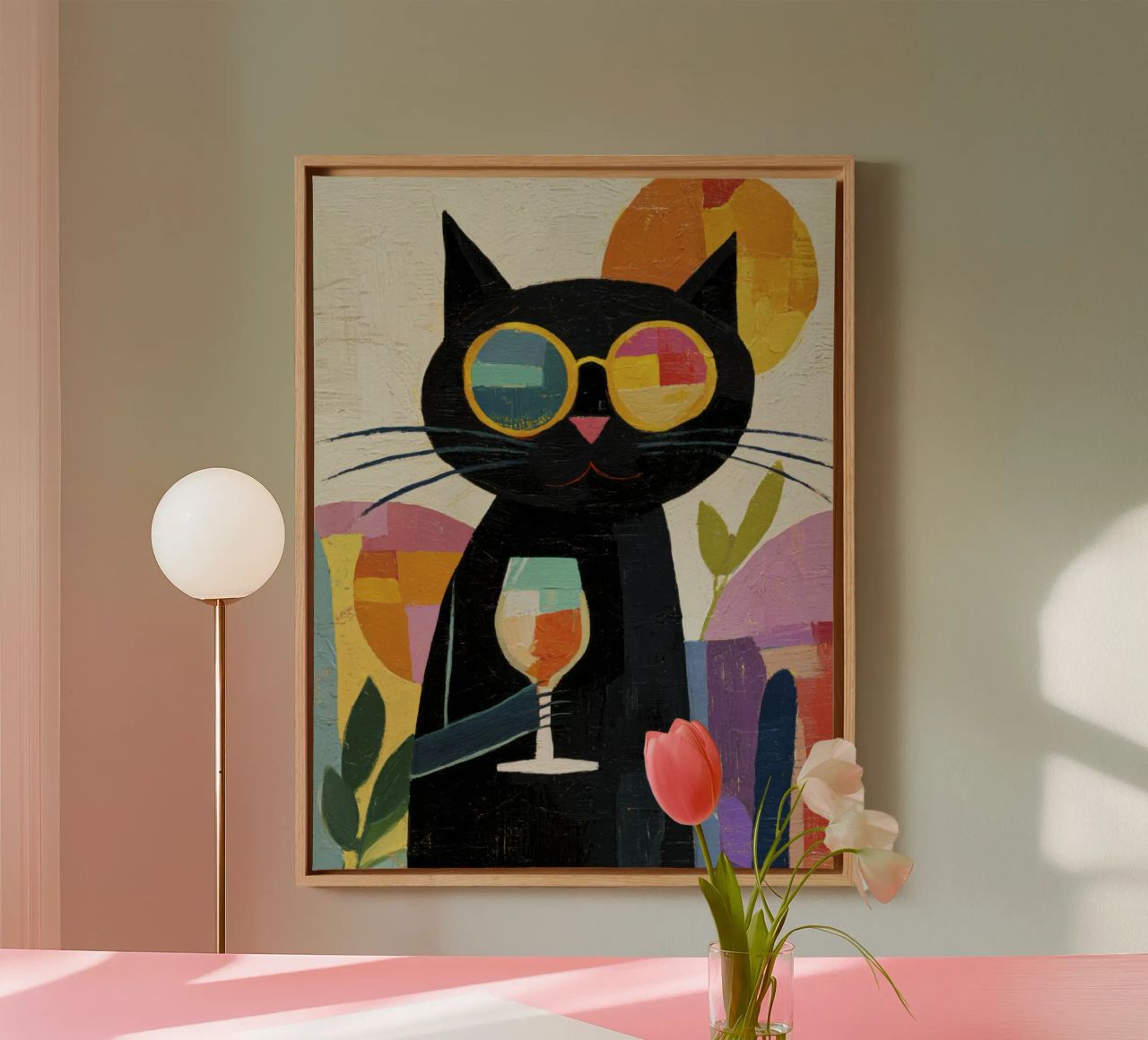 Matisse Black Cat with Sunglasses and Wine in Retro Style canvas by Modern Muse