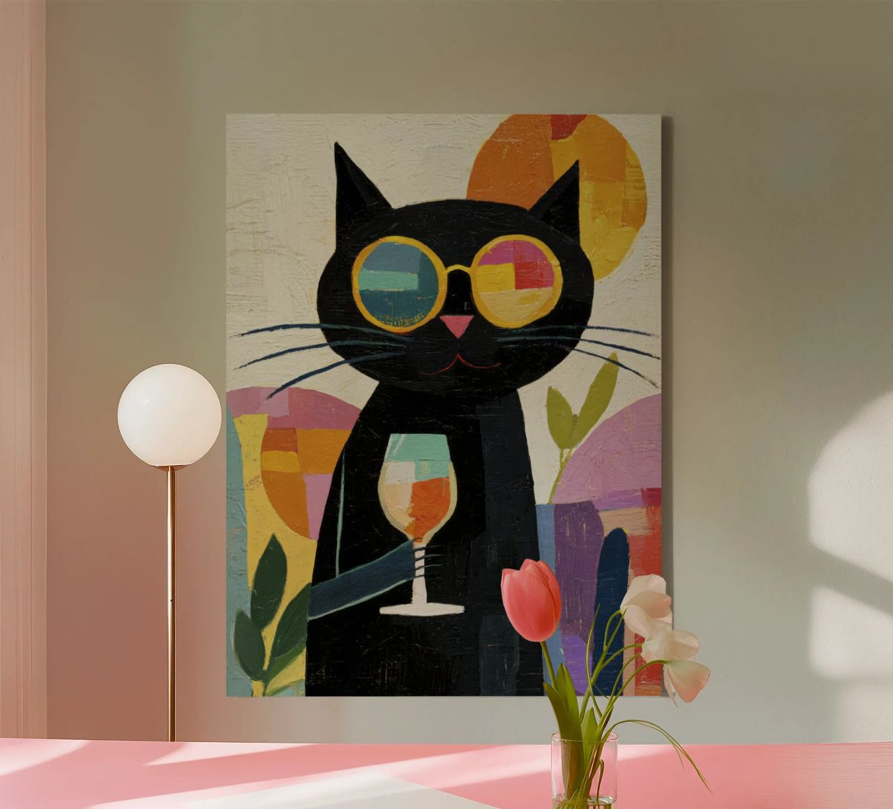 Matisse Black Cat with Sunglasses and Wine in Retro Style canvas by Modern Muse