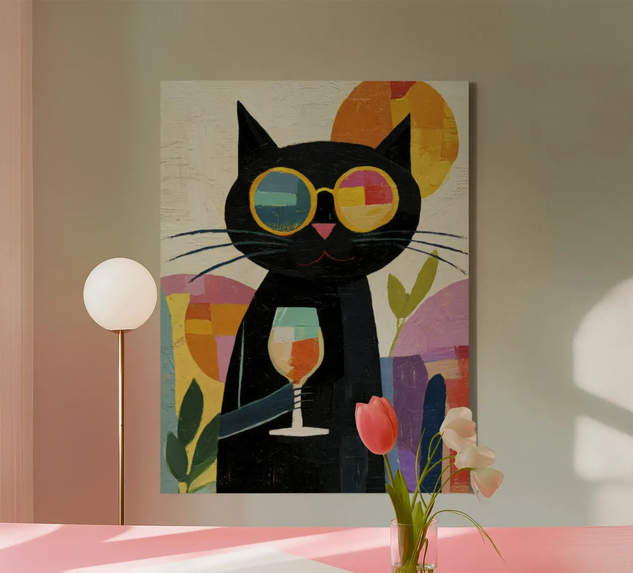 Gatto nero Matisse con occhiali da sole e vino in stile retrò tela da Modern Muse