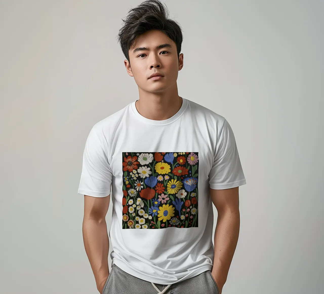 Colorful Matisse-Inspired Floral Shapes on Black Background t-shirt by Modern Muse