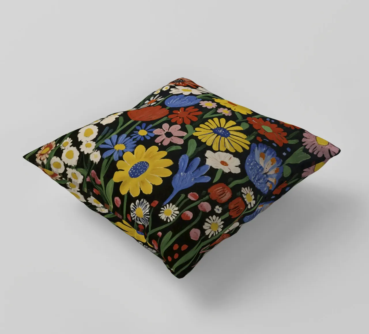 Forme floreali colorate di ispirazione matissiana su sfondo nero cuscino da Modern Muse