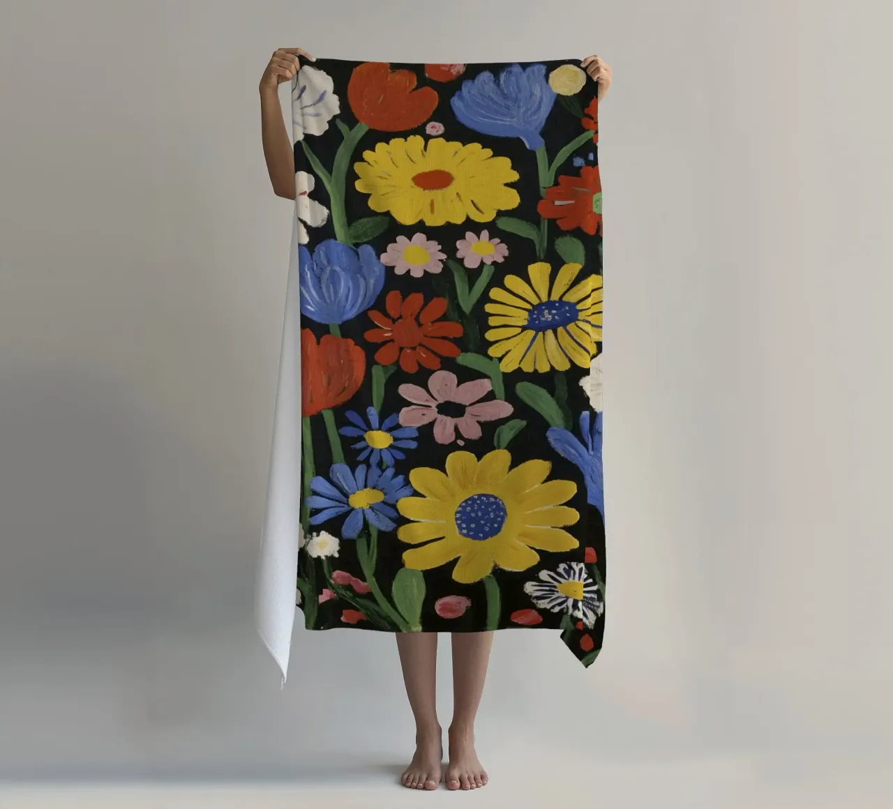 Colorful Matisse-Inspired Floral Shapes on Black Background beach towel by Modern Muse
