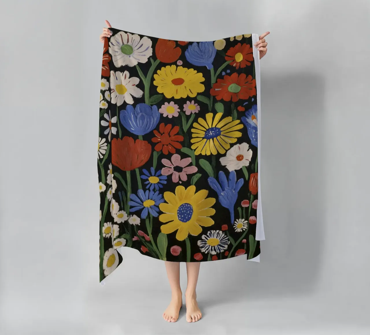 Colorful Matisse-Inspired Floral Shapes on Black Background beach towel by Modern Muse