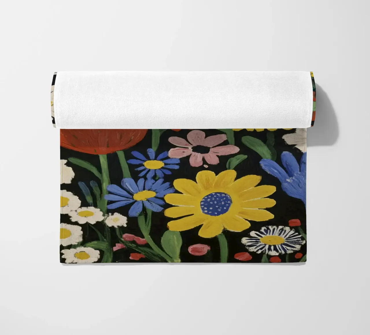 Colorful Matisse-Inspired Floral Shapes on Black Background beach towel by Modern Muse