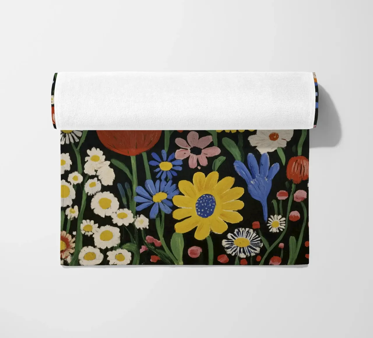 Colorful Matisse-Inspired Floral Shapes on Black Background beach towel by Modern Muse