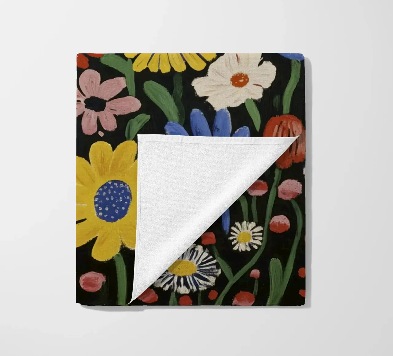 Colorful Matisse-Inspired Floral Shapes on Black Background beach towel by Modern Muse
