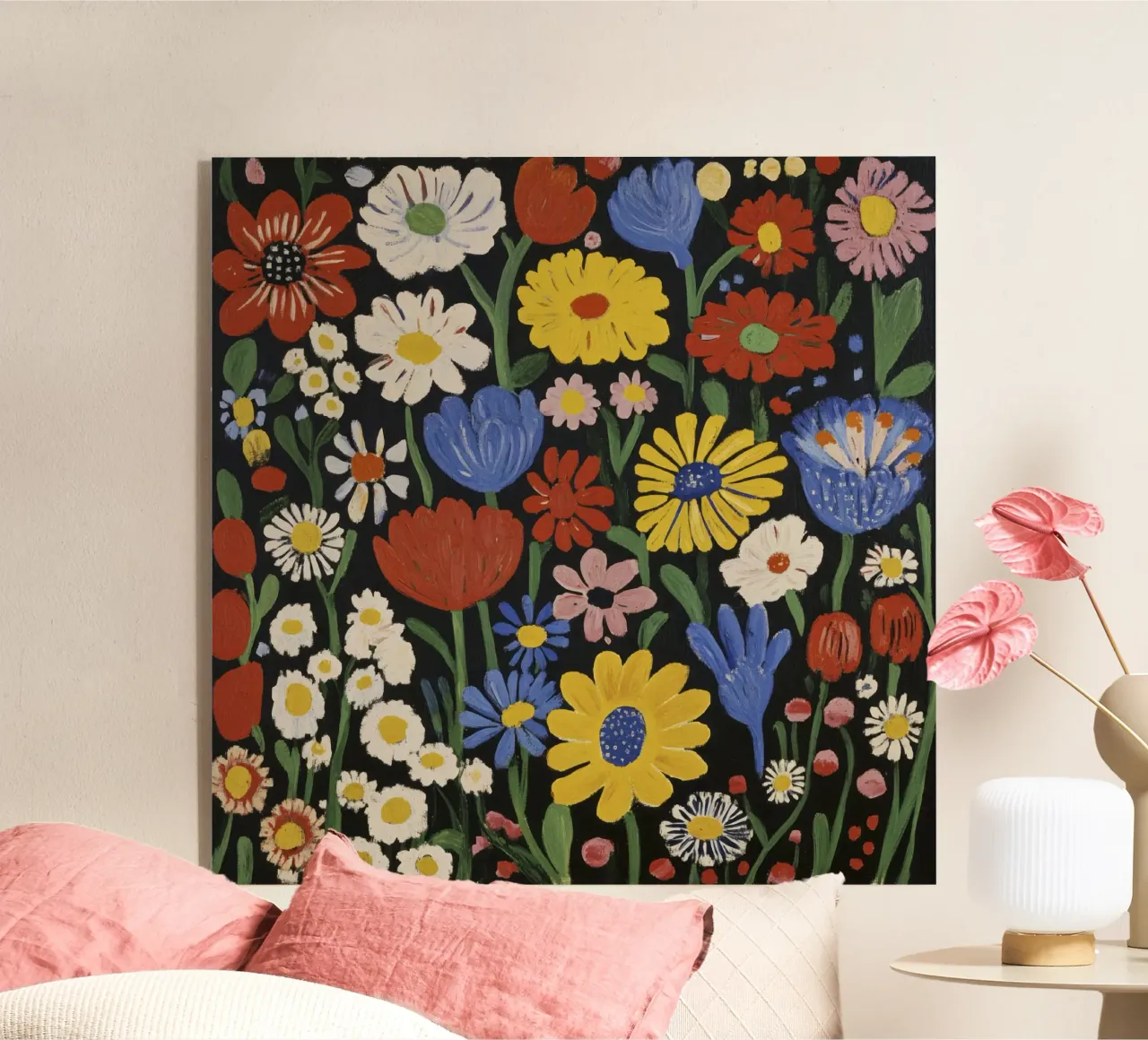 Kleurrijke op Matisse geïnspireerde bloemvormen op zwarte achtergrond acryl van Modern Muse