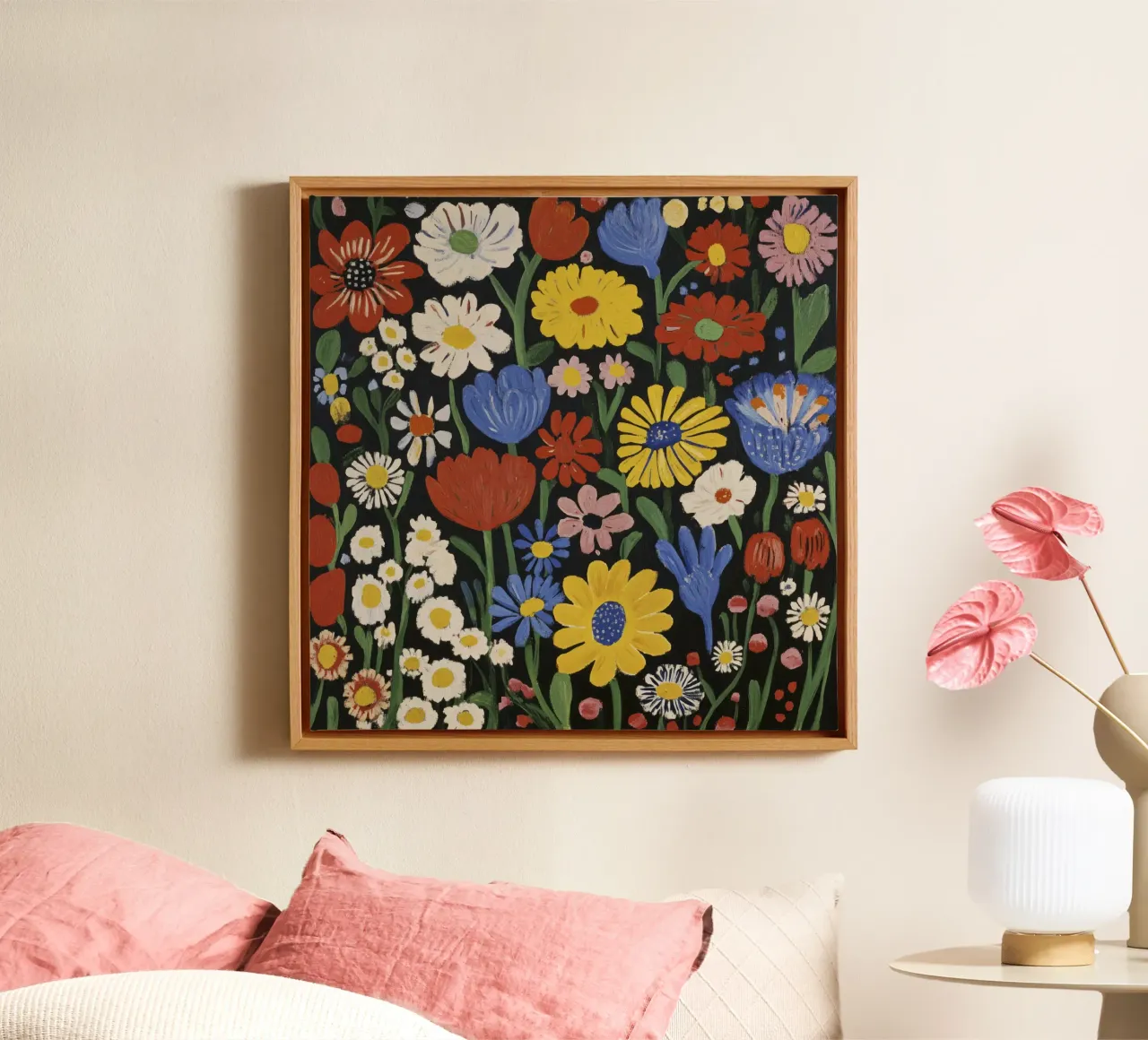 Kleurrijke op Matisse geïnspireerde bloemvormen op zwarte achtergrond canvas met Baklijst van Modern Muse