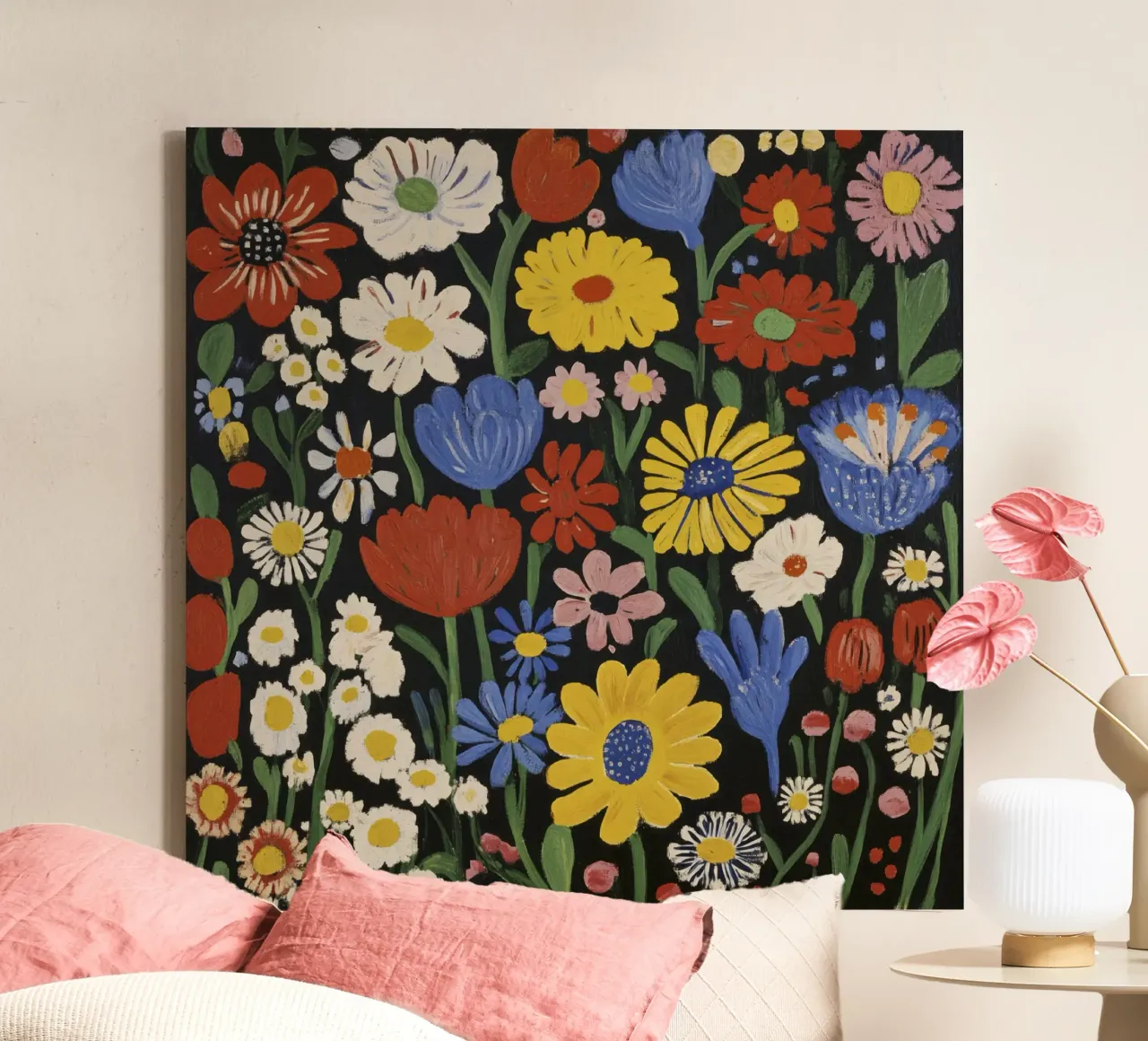 Kleurrijke op Matisse geïnspireerde bloemvormen op zwarte achtergrond canvas met Baklijst van Modern Muse