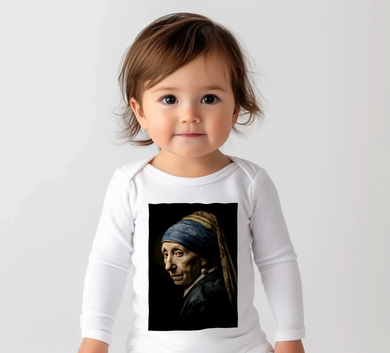 Vintage Girl with Pearl Earring in Whimsical Midcentury long-sleeve baby romper by Modern Muse