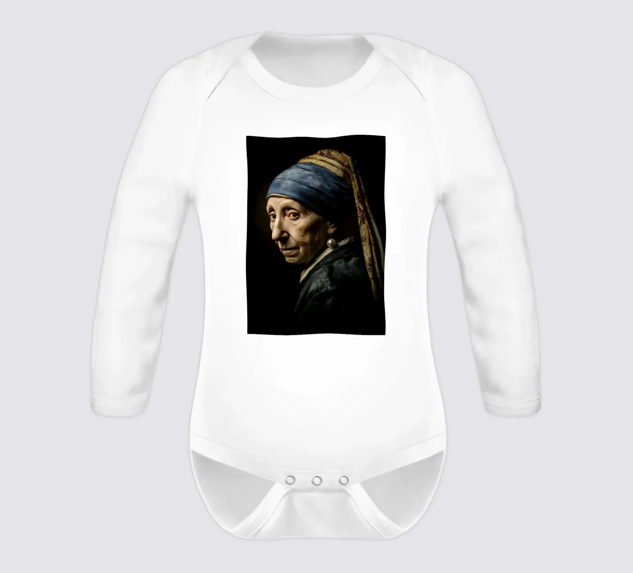 Vintage Girl with Pearl Earring in Whimsical Midcentury long-sleeve baby romper by Modern Muse