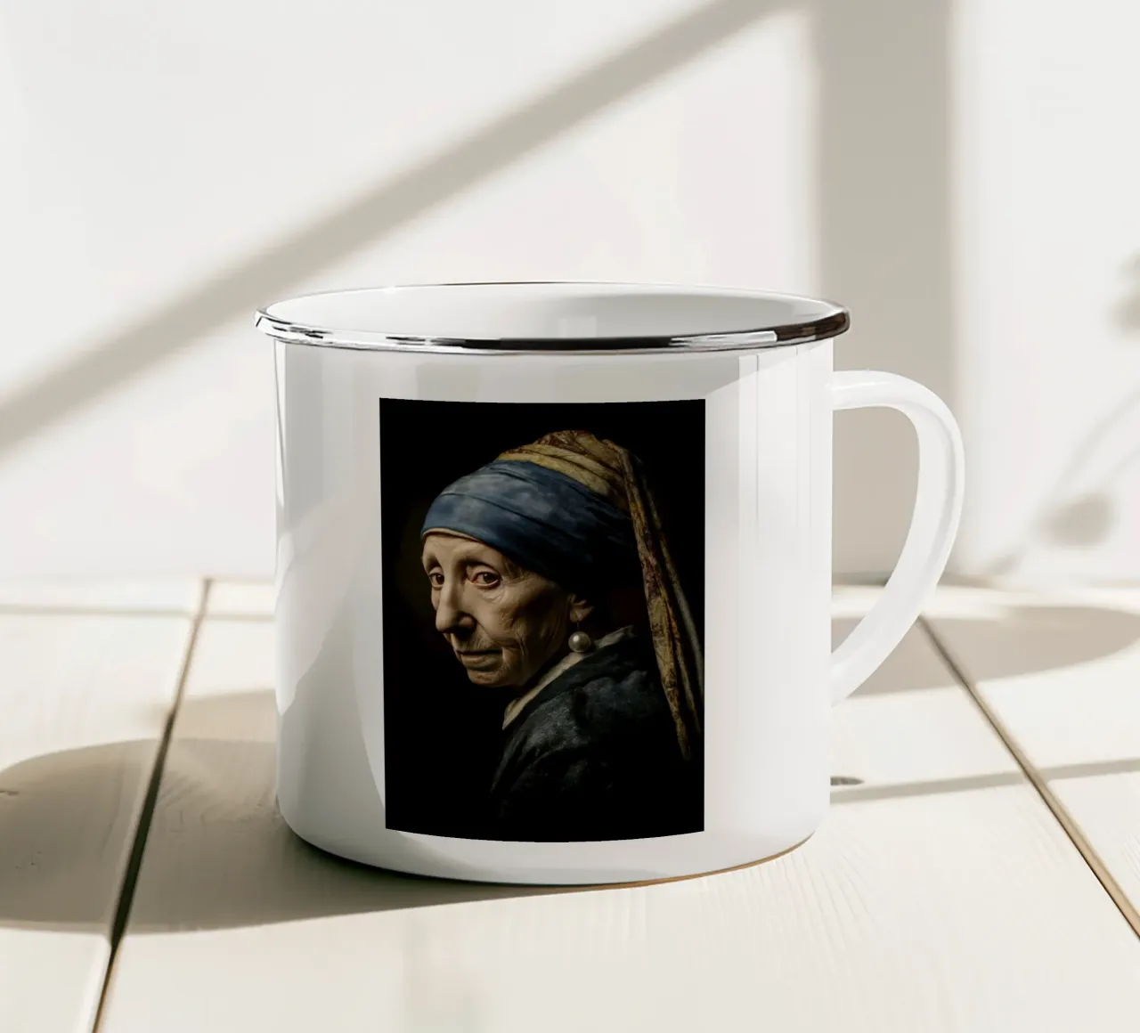 Ragazza d'epoca con orecchino di perla in stile Midcentury tazza in smalto da Modern Muse