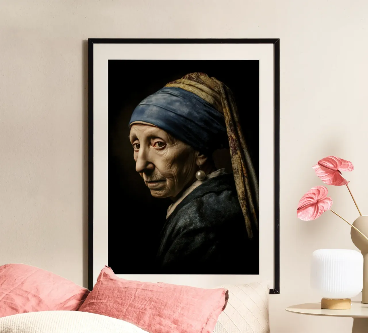 Ragazza d'epoca con orecchino di perla in stile Midcentury poster con telaio in alluminio da Modern Muse