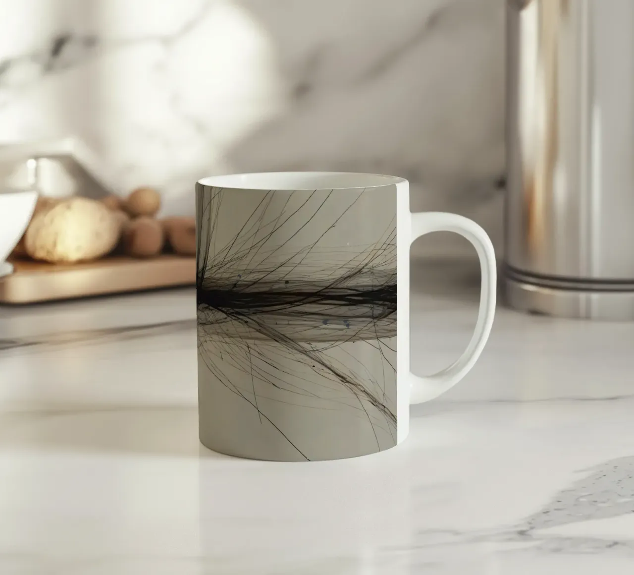 Disegno astratto in bianco e nero con linee che si intersecano tazza in ceramica da DesignDoodle