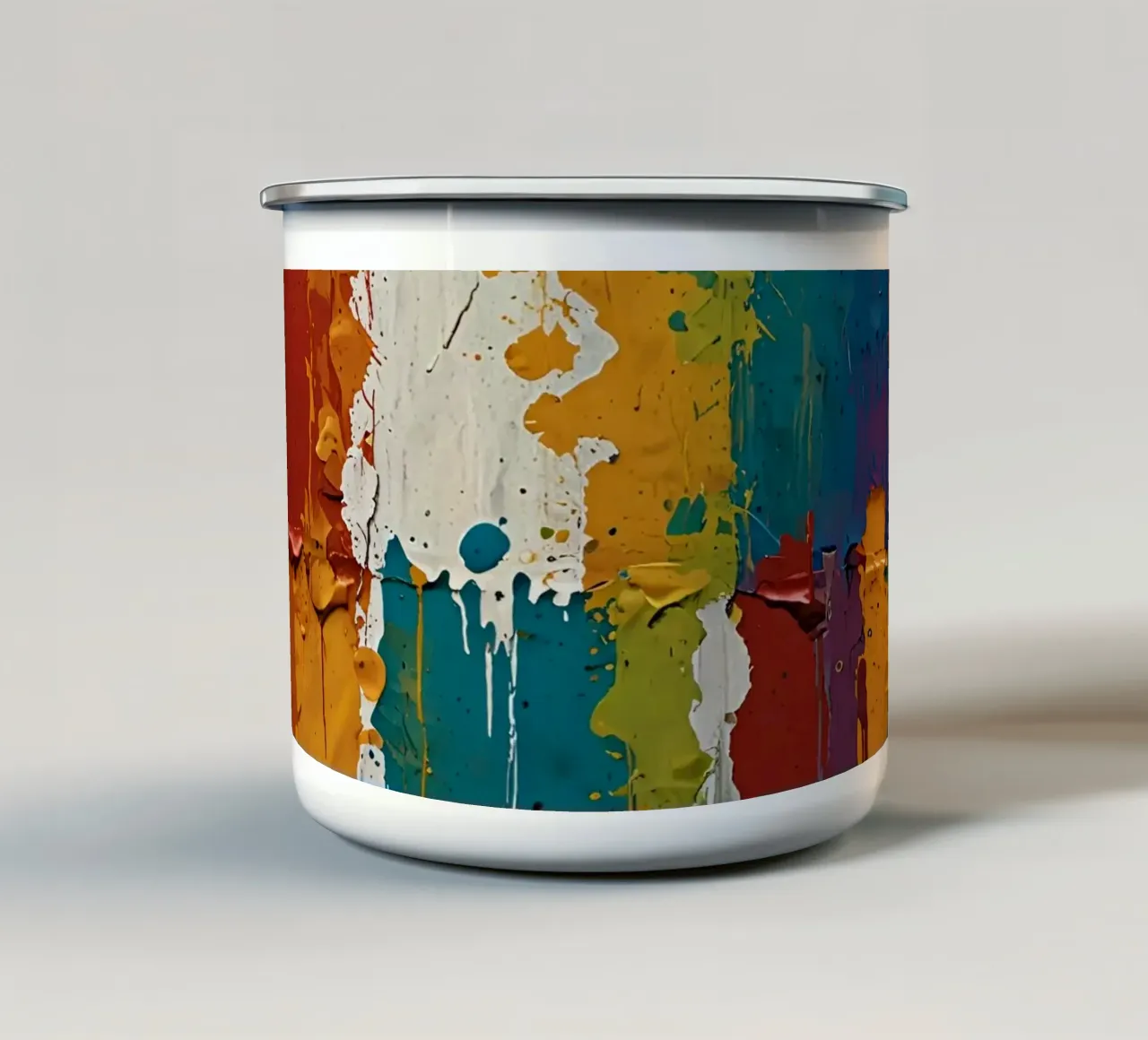 Levendige abstracte muurkunst met kleurrijke verfdruppels emaille mok van DesignDoodle