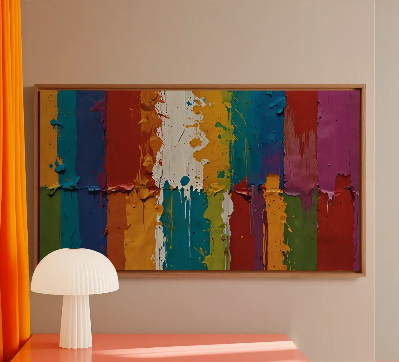 Levendige abstracte muurkunst met kleurrijke verfdruppels canvas met Baklijst van DesignDoodle