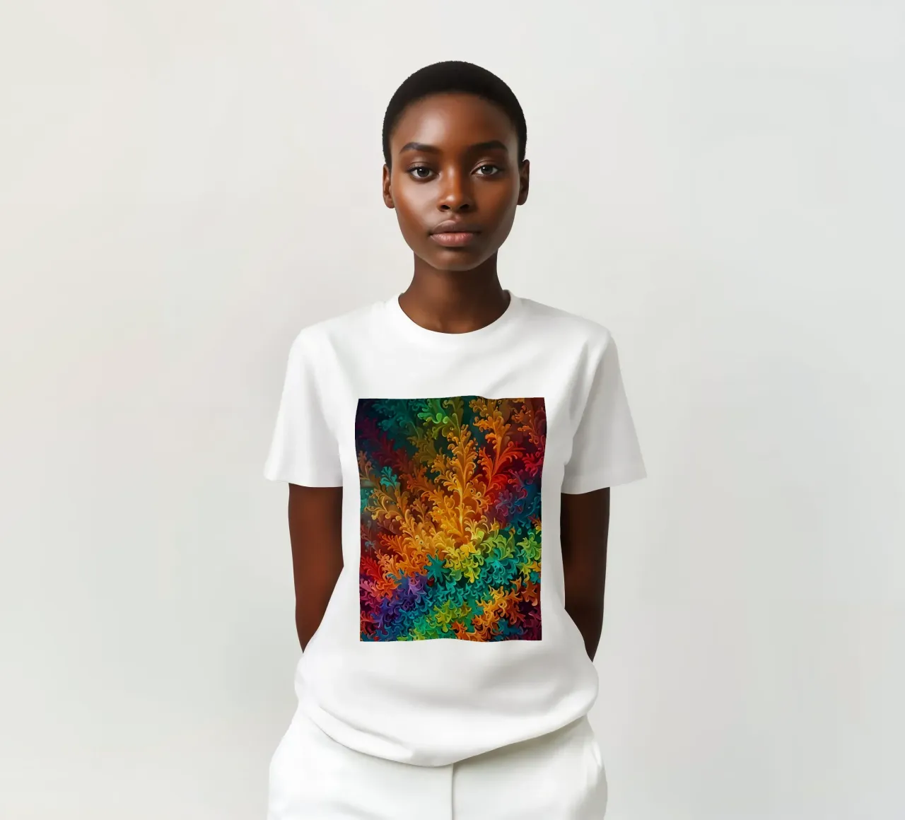 Colorful abstract fractal pattern resembling swirling leaves t-shirt by DesignDoodle