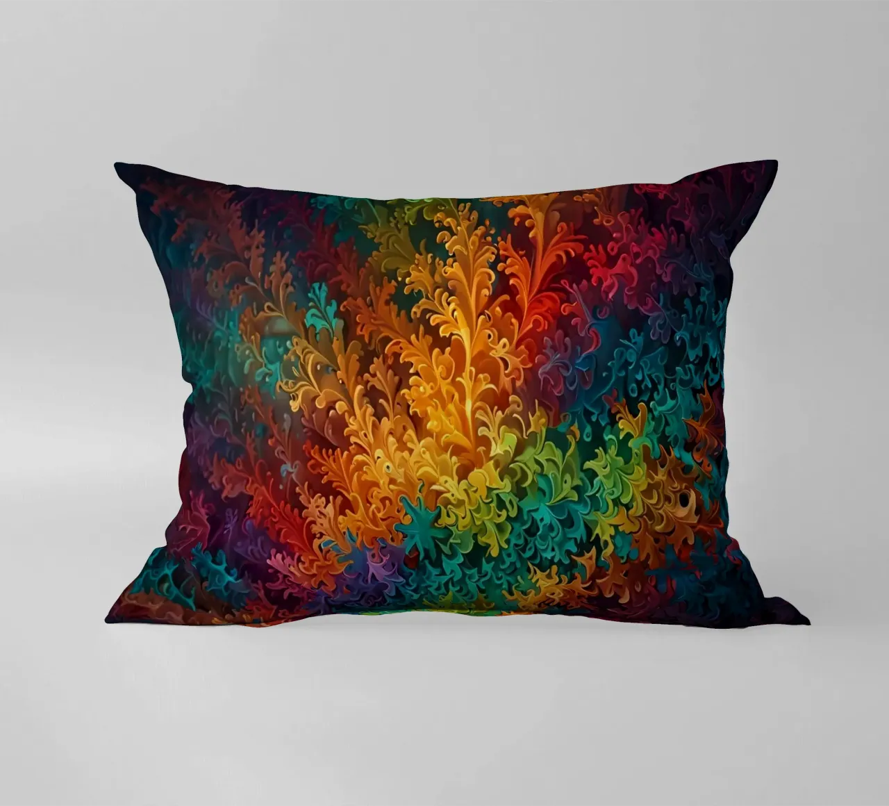 Motif abstrait fractal coloré ressemblant à des feuilles tourbillonnantes coussin de DesignDoodle