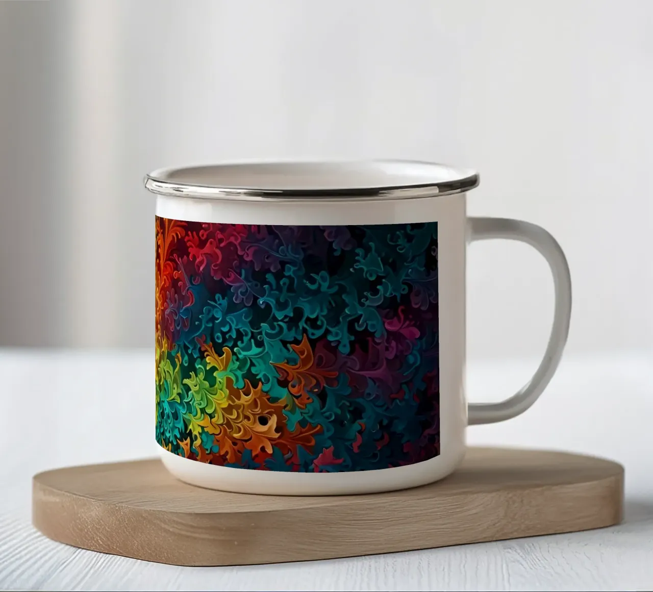 Motif abstrait fractal coloré ressemblant à des feuilles tourbillonnantes mug en émail de DesignDoodle