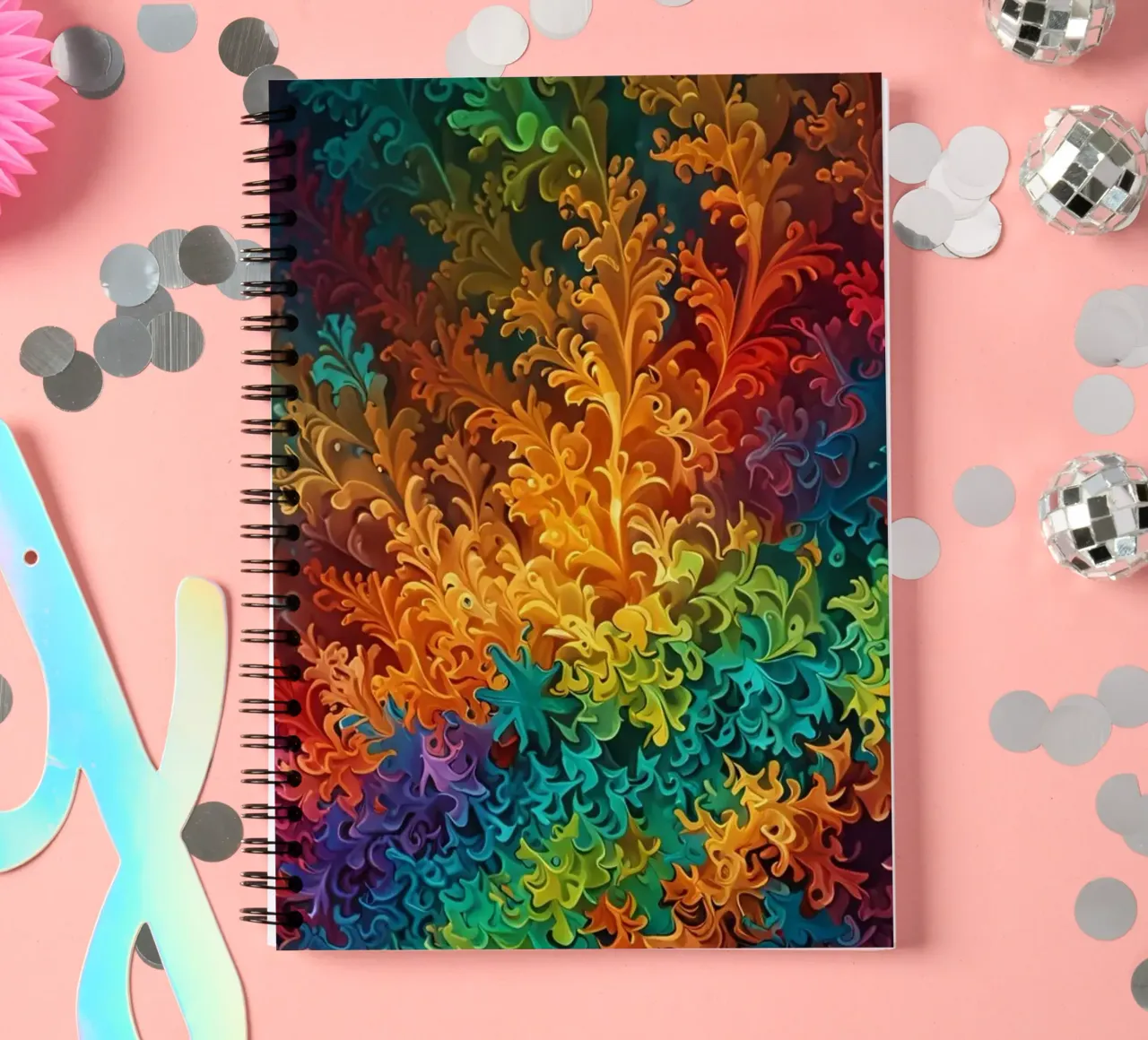 Colorful abstract fractal pattern resembling swirling leaves spiral notebook by DesignDoodle