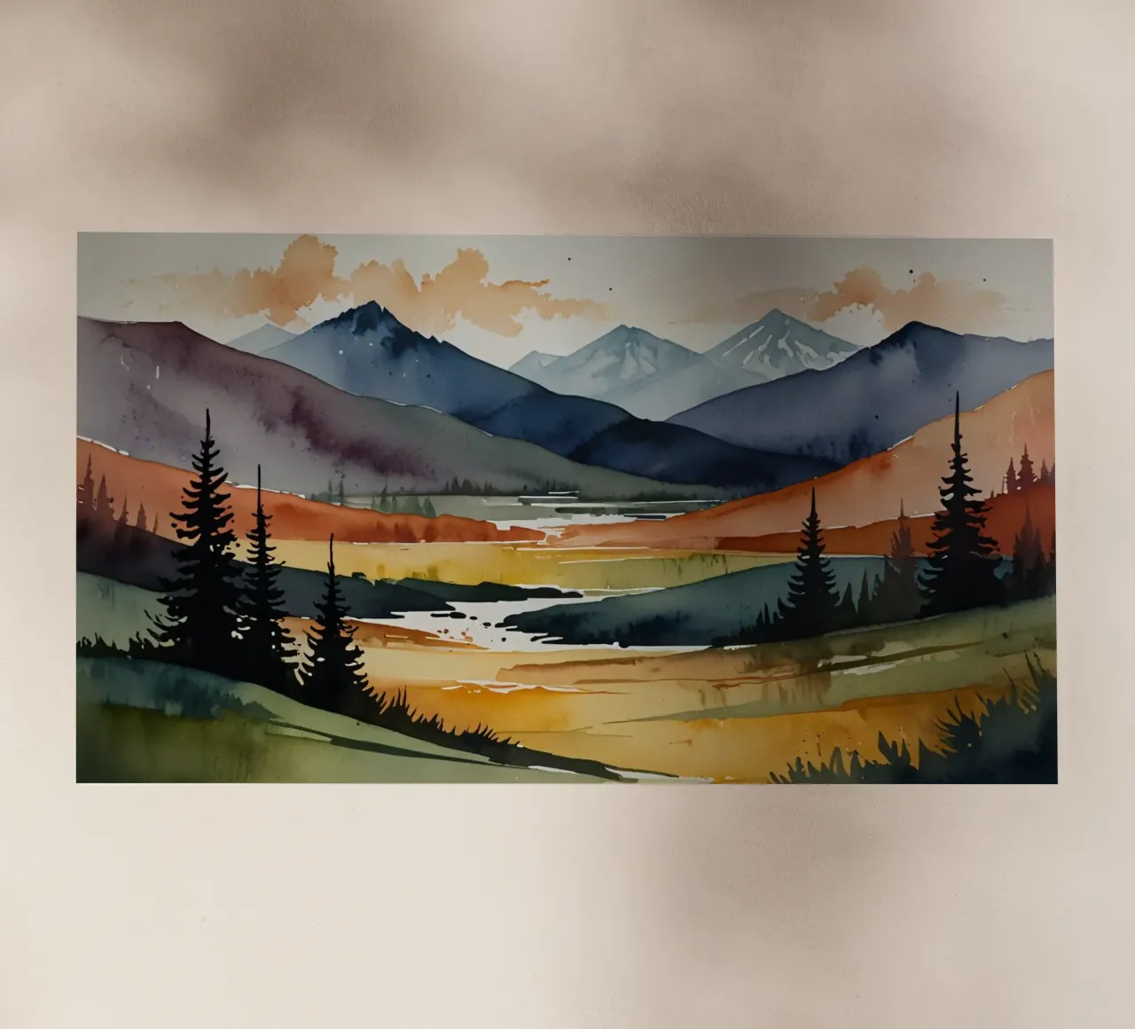 Sereno paesaggio ad acquerello con montagne e fiume pellicola backlit da DesignDoodle