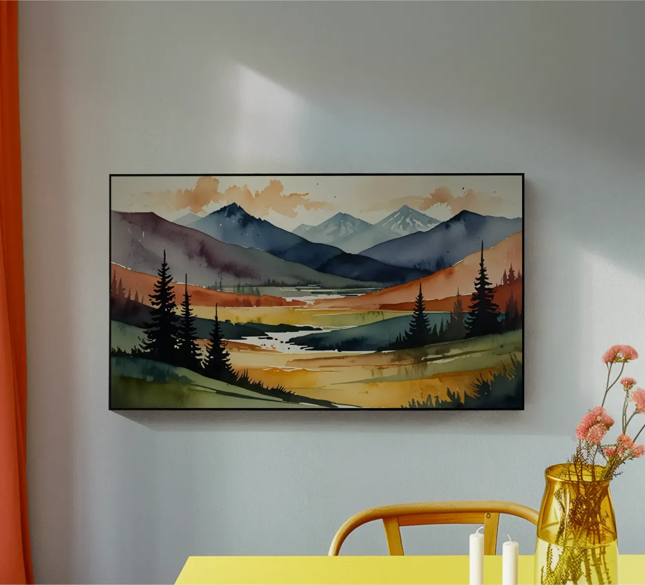 Paisaje sereno en acuarela con montañas y un río metacrilato de DesignDoodle