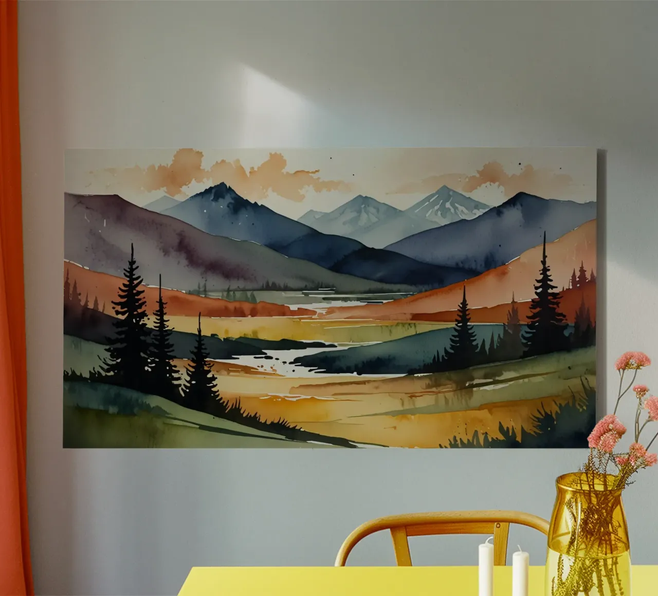 Sereno paesaggio ad acquerello con montagne e fiume tela da DesignDoodle