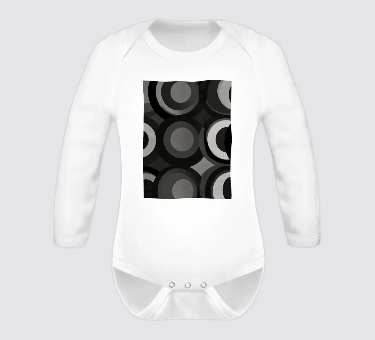 Abstract pattern of overlapping circles in various shades of long-sleeve baby romper by DesignDoodle