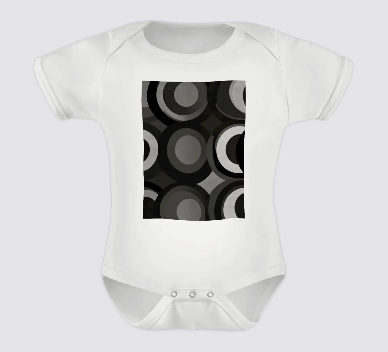 Abstract pattern of overlapping circles in various shades of short-sleeve baby romper by DesignDoodle