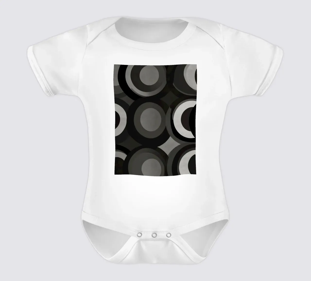 Abstract pattern of overlapping circles in various shades of short-sleeve baby romper by DesignDoodle