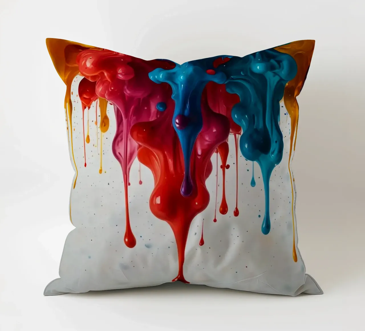 Vibrant paint drips cascading down a white surface decorative cushion by DesignDoodle