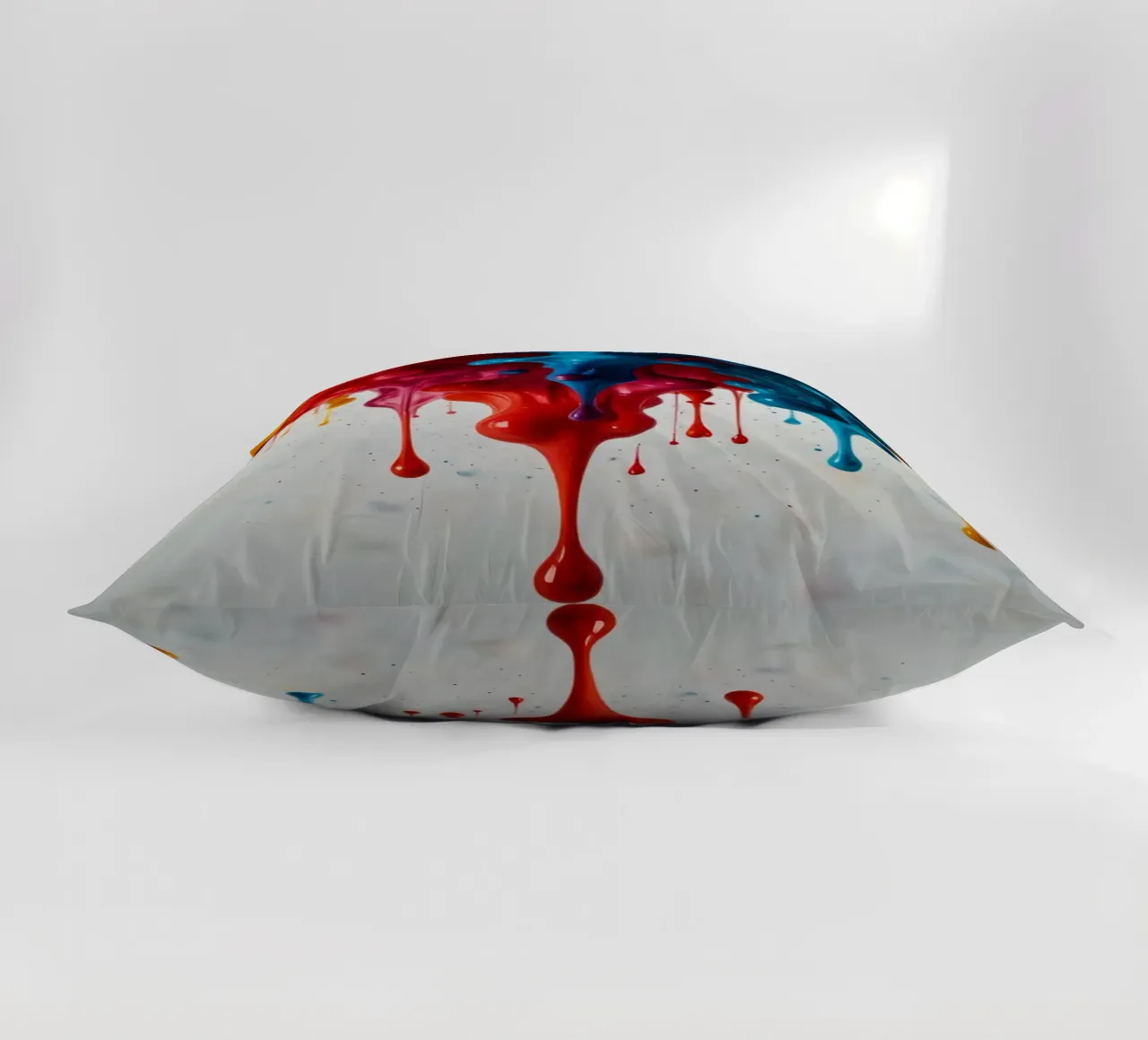 Vibrant paint drips cascading down a white surface decorative cushion by DesignDoodle