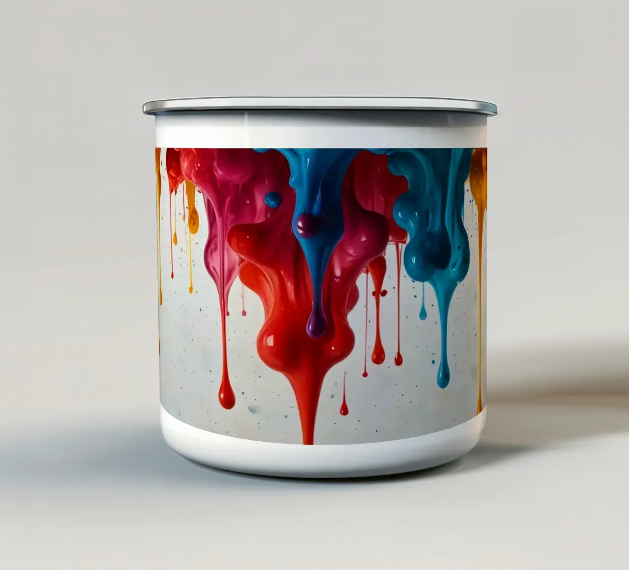 Vibrant paint drips cascading down a white surface enamel mug by DesignDoodle