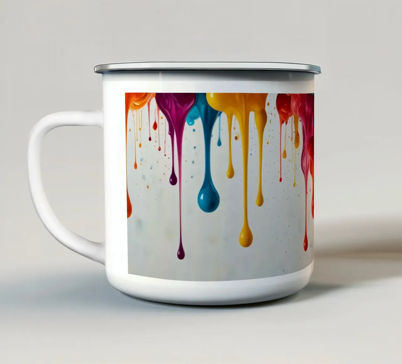 Vibrant paint drips cascading down a white surface enamel mug by DesignDoodle