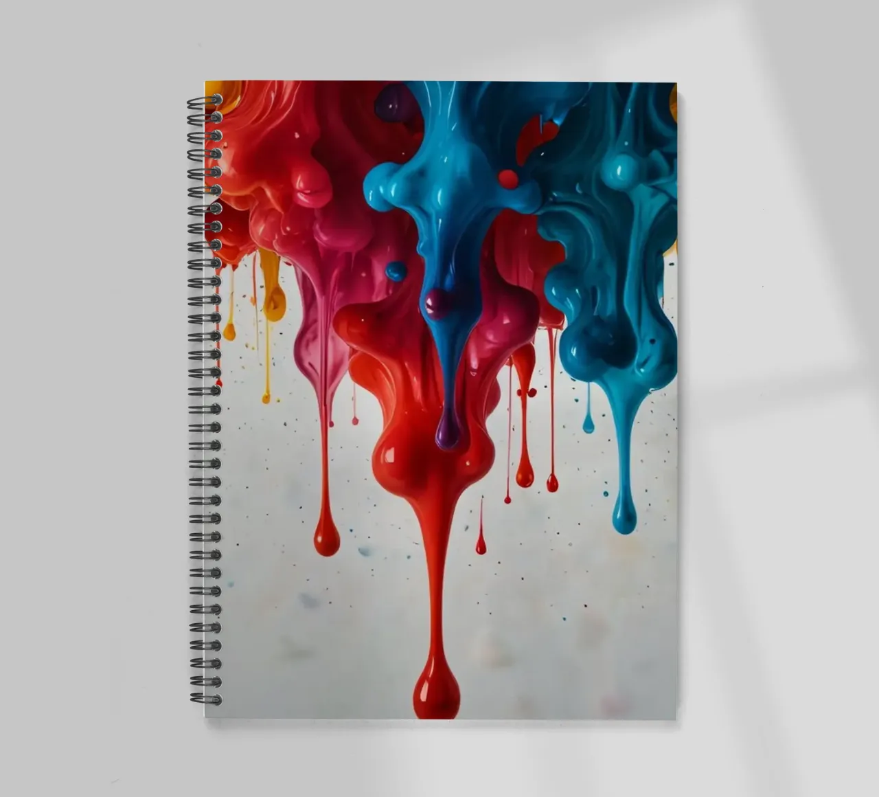 Vibrant paint drips cascading down a white surface spiral notebook by DesignDoodle