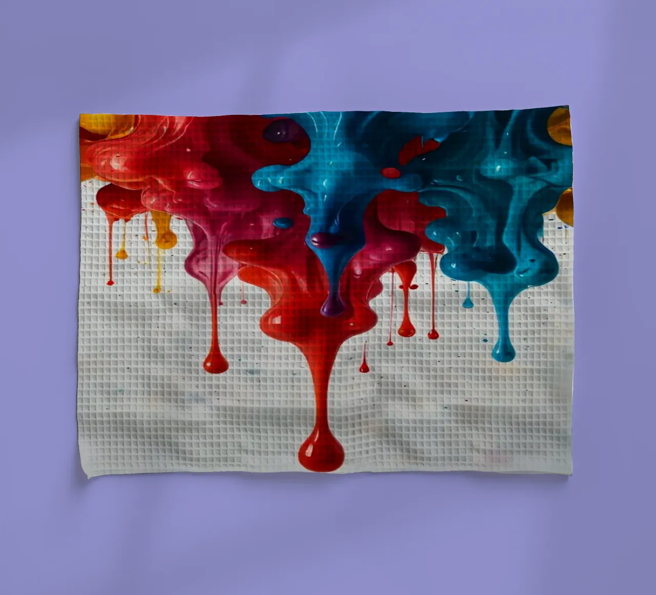 Gocce di vernice vibrante che scendono a cascata su una superficie bianca canovaccio da cucina da DesignDoodle