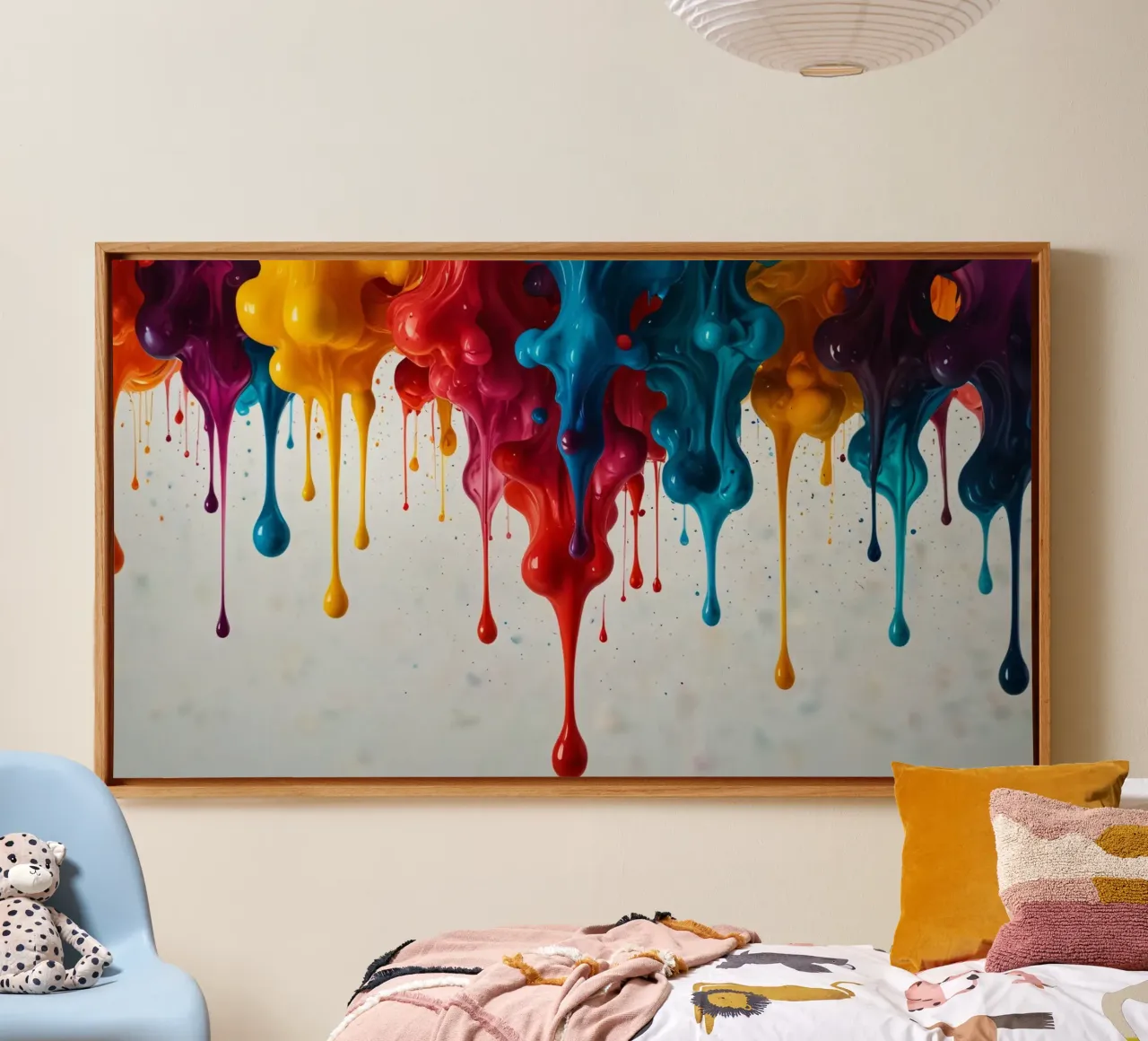 Vibrant paint drips cascading down a white surface canvas with Floater frame by DesignDoodle